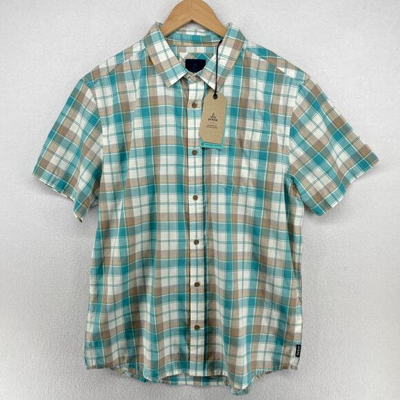 Prana Other - PRANA Shirt Mens L Benton Plaid Button Up Camp Organic Cotton Blend Blue NEW